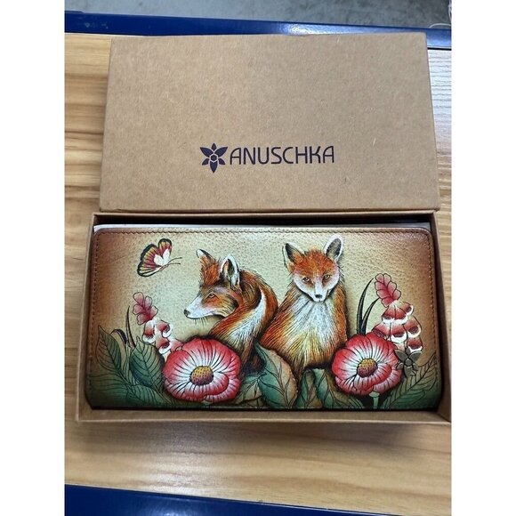Anuschka Handbags - ANUSCHKA CURIOUS FOXES HAND-PAINTED LEATHER WALLET WITH RFID PROTECTION - NEW